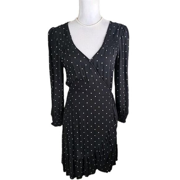 American Eagle~Woman Size L~Black/White Polka Dot Ruffle Tie Wrap Dress Long Slv - Picture 4 of 15